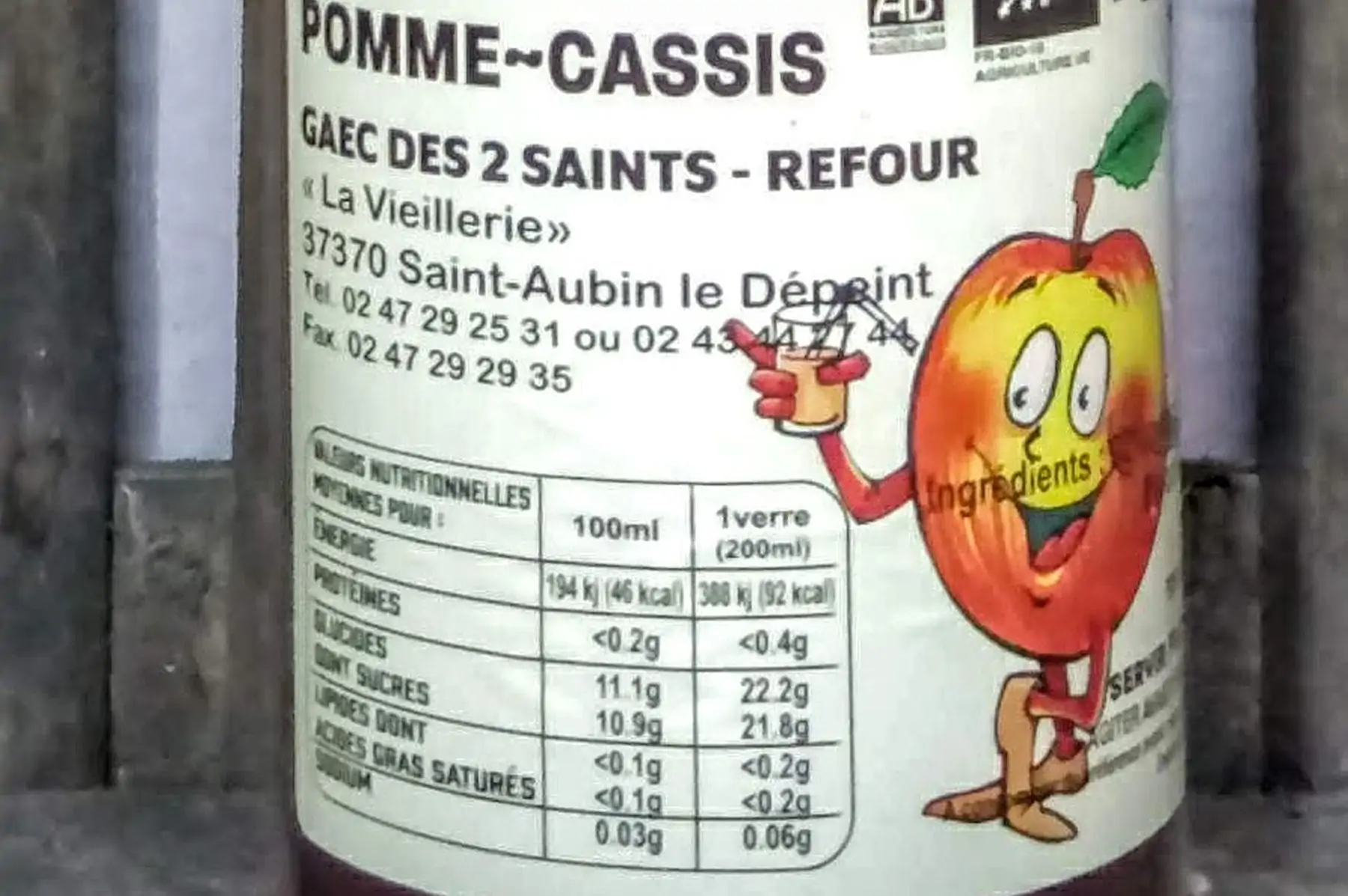 jus de pommes du verger & cassis bio - btle de 1 litre