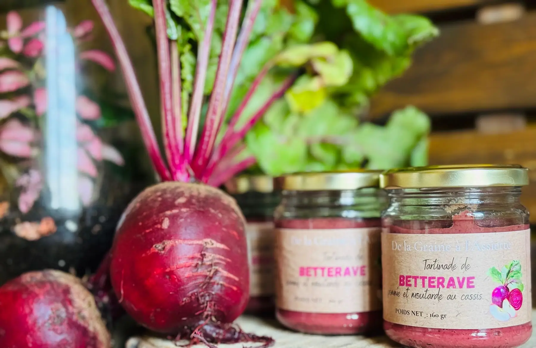 Tartinade de betterave, pomme et moutarde au cassis.