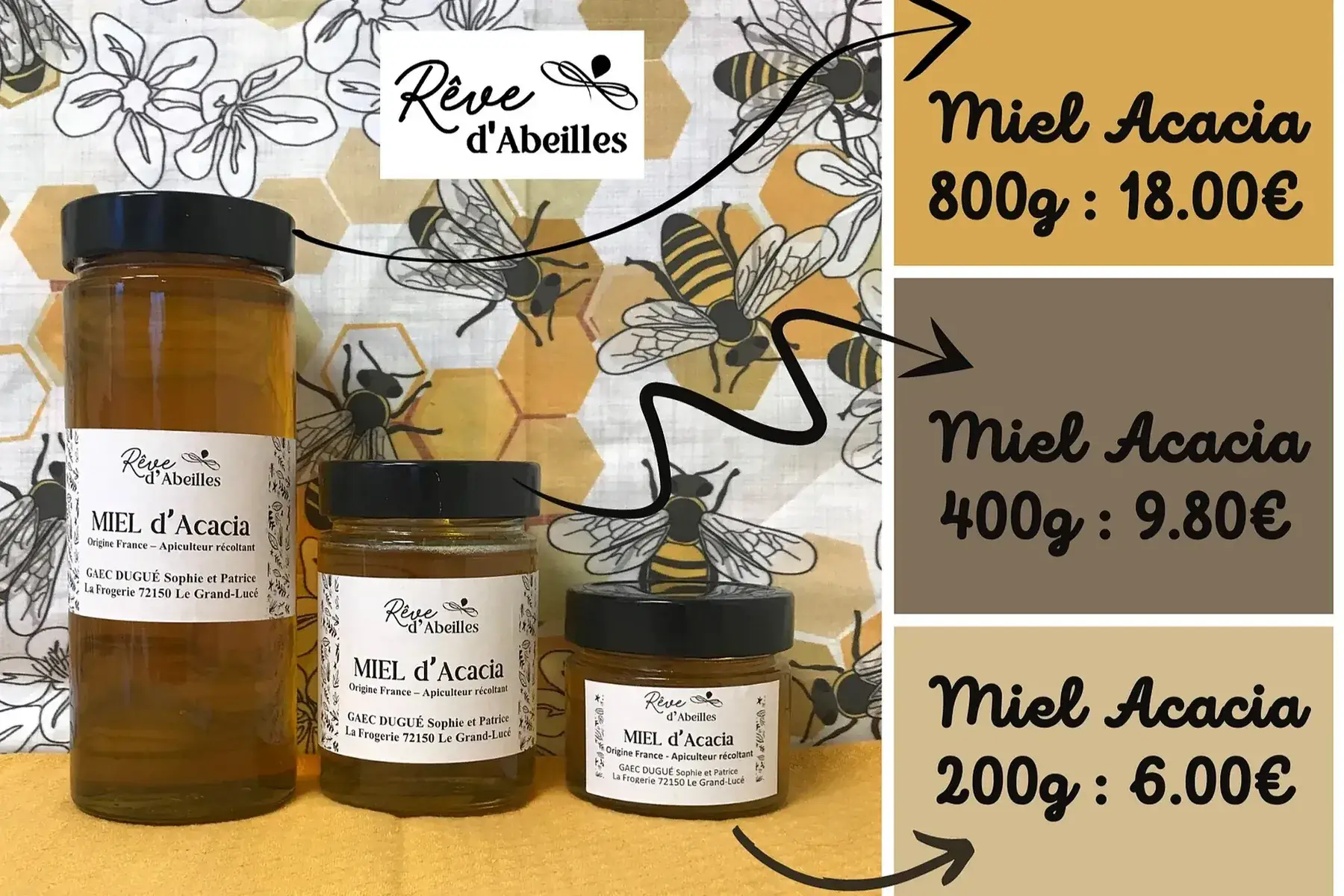 miel d'acacia 200g, 400g, ou 800g