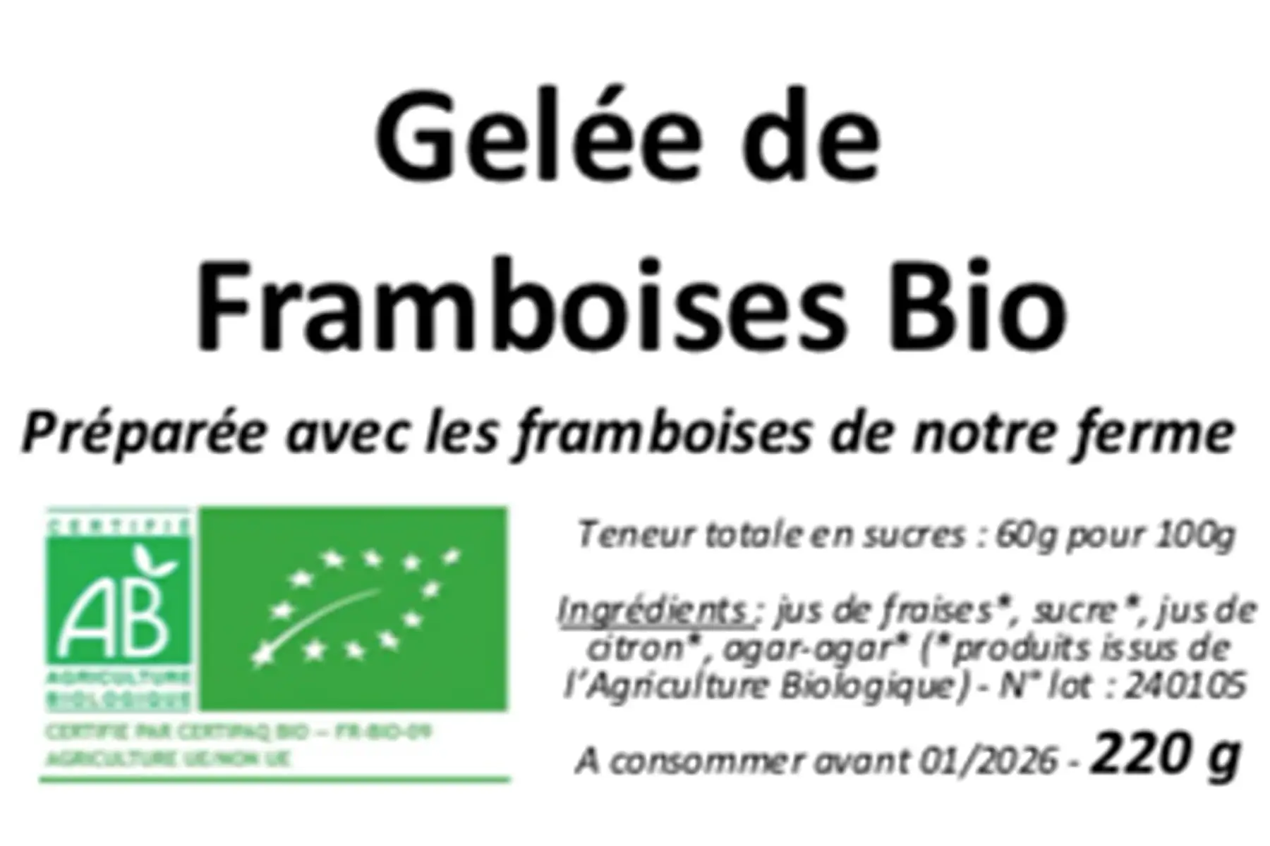 gelée de framboise bio (pots de 220 g)